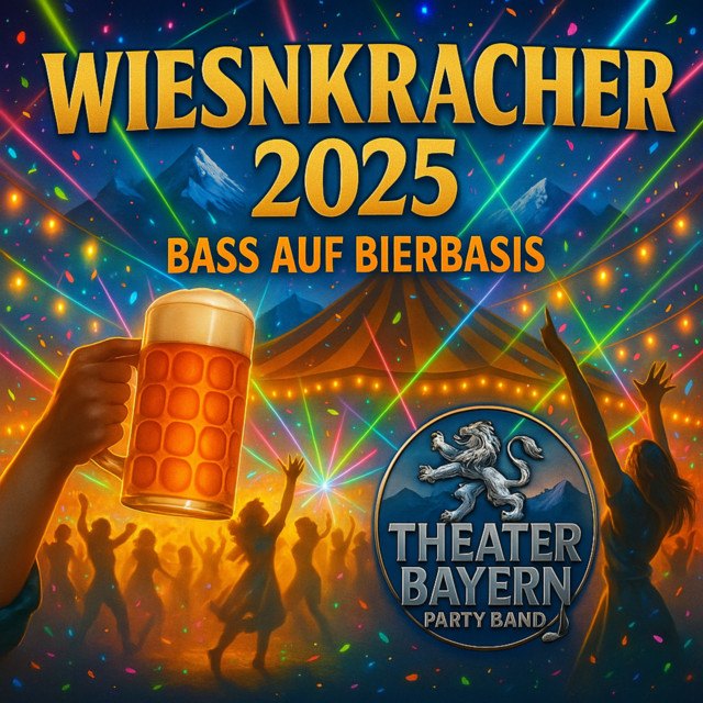 Plattencover „Wiesnkracher“ der Theater Bayern Party Band: Bierkrug und Festzelt in bunten Farben