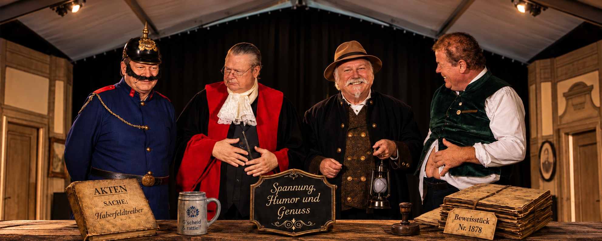 Vier Darsteller in Kostümen des 19. Jahrhunderts hinter einem Tisch mit Aktenbündeln und einem Schild „Spannung, Humor und Genuss“